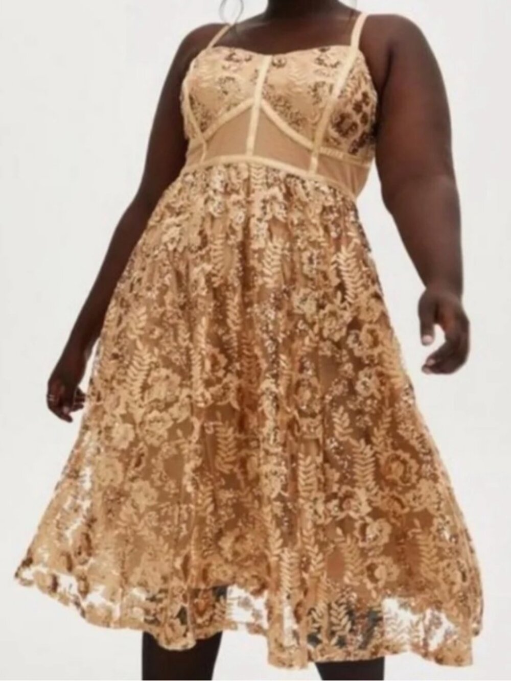 NWT Torrid Gold Sequin & Embroidered Mesh Bustier Midi Dress – Size 16 - Picture 2 of 6